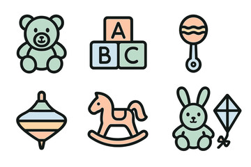 Colorful collection of children's toys including a teddy bear, blocks, and a rocking horse showcased in a playful arrangement
