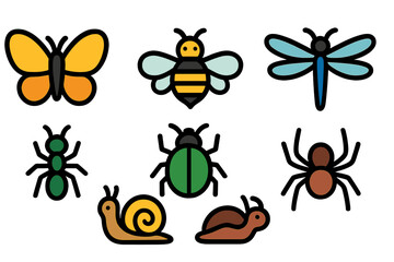 Colorful cartoon insects including butterflies, bees, dragonflies, ants, and snails in a playful arrangement