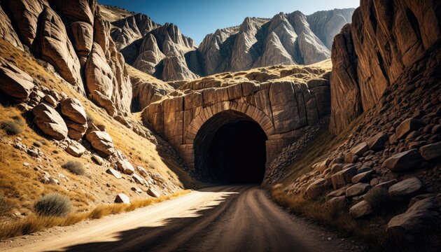 Dramatic Tunnel Through Desert Canyon: Scenic Roadway Leads into Mysterious Darkness, Majestic Rock Formations and Landscape Photography