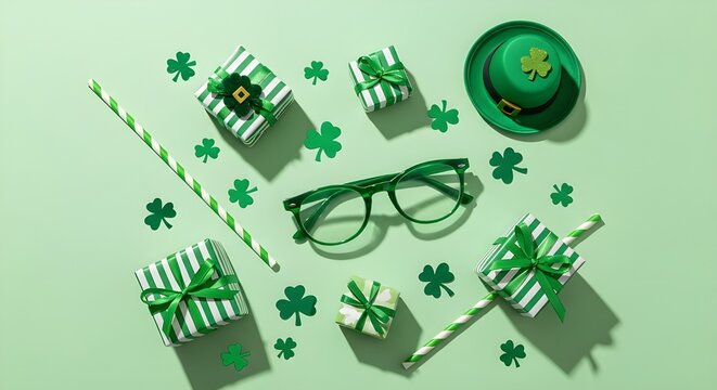 Overhead shot of st patricks day decorations on a green background - Powered by Adobe