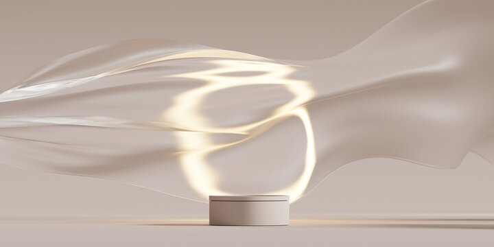 3D display podium beige background. Luxury flying transparent cloth in motion. Glamour minimal beauty pedestal , cosmetic product presentation. Neon light circle frame, empty mockup, studio 3d render