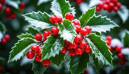 Obraz premium Festive Holly Berries with Light Snow: Winter Holiday Evergreen Branch Close-Up for Christmas Decorations & Seasonal Greetings