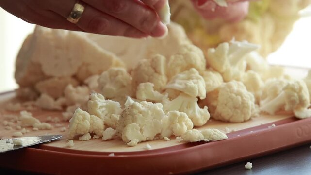 woman hands breaking cauliflower into florets