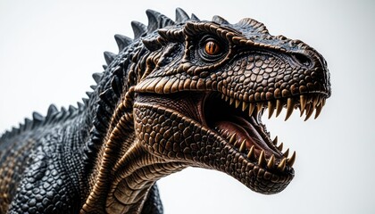 Fototapeta premium Fierce Tyrannosaurus Rex Close-Up: Detailed Dinosaur Sculpture with Open Mouth and Sharp Teeth - Prehistoric Power