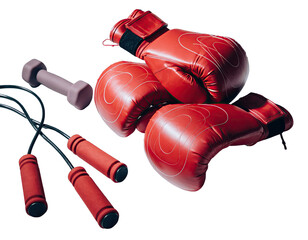Red Boxing Gloves Jump Rope and Dumbbell On Transparent Background For Fitness Training And Sports