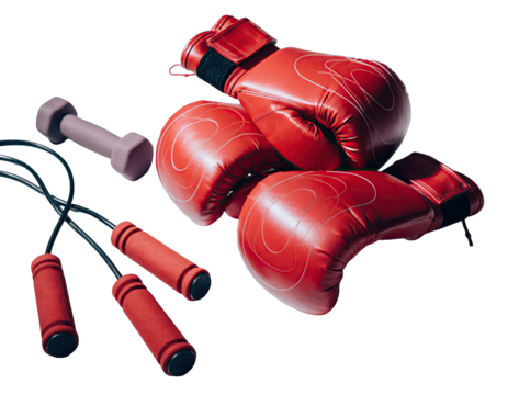 Red Boxing Gloves Jump Rope and Dumbbell On Transparent Background For Fitness Training And Sports