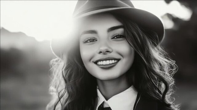 A model with a radiant smile in the foreground of a sunny pastoral scene.