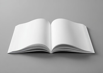 A spread-open blank book resting on a flat, grey surface. The pages are white, inviting content