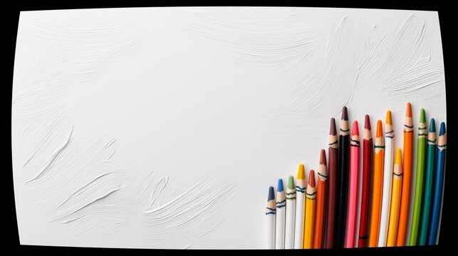 A collection of colored pencils are arranged in a diagonal line on a white textured surface, leaving ample space for text. - Powered by Adobe