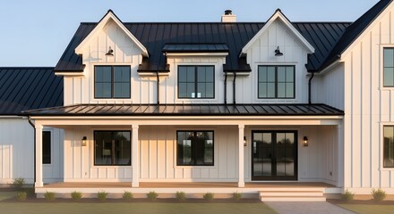 Obraz premium Modern Farmhouse Exterior Design With White Board And Batten Siding And Black Trim Architectural Features