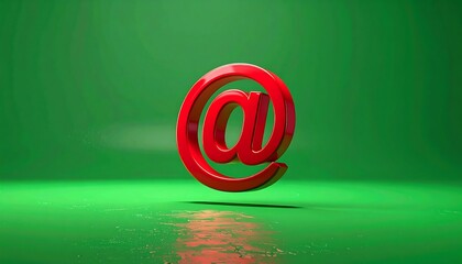 Glossy, red "at" symbol on reflective green surface, centered