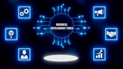Business Intelligence Tools Concept with Digital Network and Icons software analytics