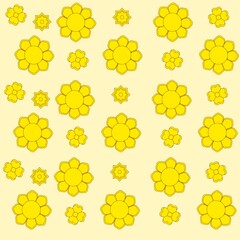 Patrón repetitivo de flores amarillas brillantes en estilo vectorial plano, perfecto para impresión y fondos.