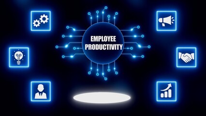 Digital concept of employee productivity with glowing icons and circuits on dark background business