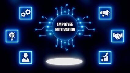 Digital concept of employee motivation with glowing icons and circuits on dark background business human resources