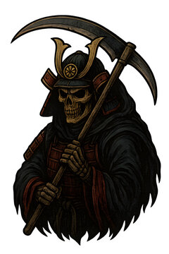Vintage Samurai Reaper Vector Illustration &ndash; Detailed Warrior Skull with Scythe, Dark Fantasy Graphic Art