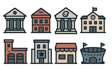 Collection of colorful building icons representing different architectural styles and public structures