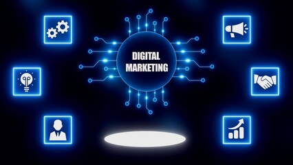 Digital Marketing Concept with Icons and Glowing Circuitry on Black Background business strategy