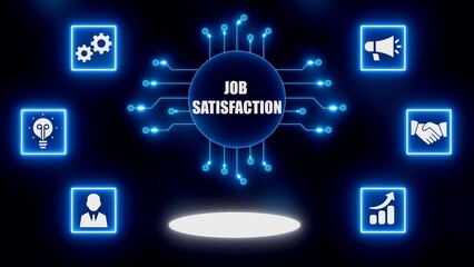 Digital network connecting icons for job satisfaction with central text and glowing blue circuit board elements