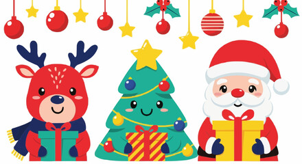 Naklejka premium Charming Christmas illustration featuring a cute Santa Claus, a happy reindeer, and a smiling tree, all holding gifts under festive ornaments.