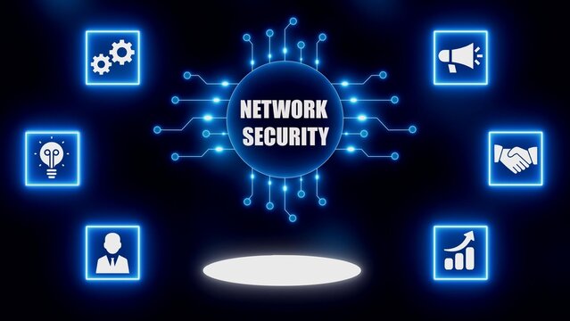 Digital Network Security Concept with Central Hub and Surrounding Icons cybersecurity data protection