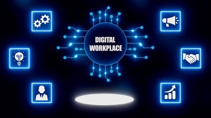 Digital Workplace Concept With Connected Icons And Circuit Board Design On Dark Background technology