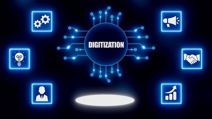 Digitization Concept With Connected Icons And Circuit Board Design On Dark Background technology innovation