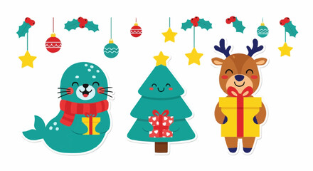 Charming Christmas character collection featuring a seal, reindeer, and tree with festive gifts and decorations.
