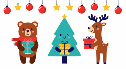 Naklejka premium Festive Christmas illustration with a cute bear, reindeer, and winking tree holding presents under holiday ornaments.