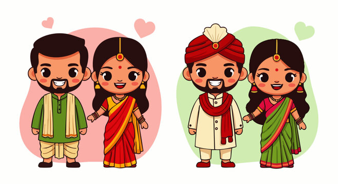 Flat vector illustration of two cute Indian couples side by side in traditional Indian attire, cartoon characters of the bride and groom. Perfect for wedding invitations.