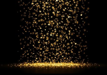 Golden stars falling on a black background creating a magical effect