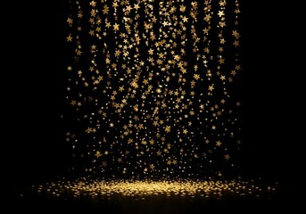 Golden star confetti falling on black background for festive celebration