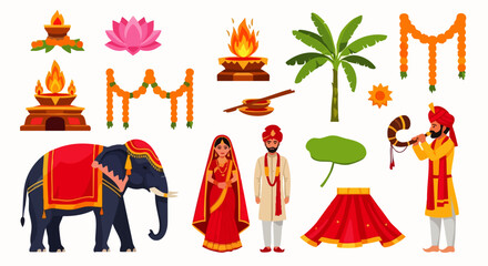 A collection of flat vector illustrations of several isolated Indian Hindu wedding elements. Perfect for culturally themed designs, wedding invitations, or festival illustrations.