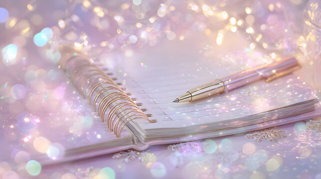 A fantastically sparkling landscape with a notebook and pen