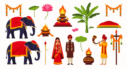 A collection of flat vector illustrations of several isolated Indian Hindu wedding elements. Perfect for culturally themed designs, wedding invitations, or festival illustrations.