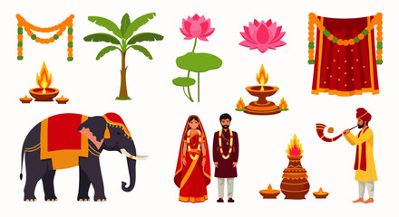 A collection of flat vector illustrations of several isolated Indian Hindu wedding elements. Perfect for culturally themed designs, wedding invitations, or festival illustrations.