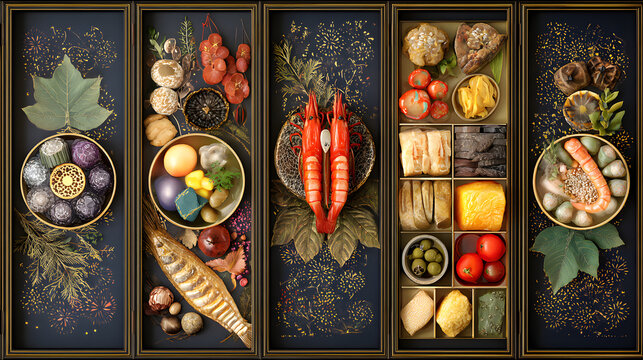 A view from above of colorful New Year's osechi cuisine