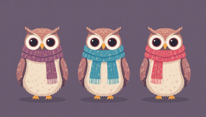 Fototapeta premium Illustration of an owl wearing a flat colored scarf on a plain background 