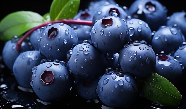 Close up of fresh blueberries with water droplets on black background showcasing juicy natural fruit for healthy food concept