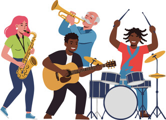 Fototapeta premium Illustration of a diverse band performing together with musical instruments on a white background.