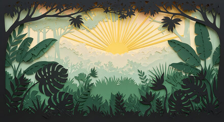 Lush jungle sunrise radiating warmth, layers of tropical plants create a vibrant and inviting natural scene, perfect for relaxation and nature themes
