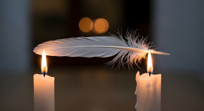 A close-up of two lit candles with a feather resting between them, creating a serene and peaceful atmosphere suitable for reflection or meditation