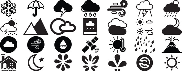 Weather Forecast Icons Set Line Vector Pack Sun Cloud Rain Snow Wind Umbrella Temperature Moon Storm Climate Glyphs Editable Stroke Monochrome
