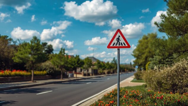 Traffic sign indicating a pedestrian crossing, promoting safety awareness