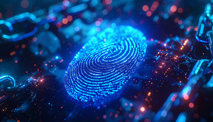Digital Fingerprint Security: A futuristic, glowing fingerprint intertwined with a digital chain, symbolizing advanced security and identity protection. This image reflects the cutting-edge tech.
