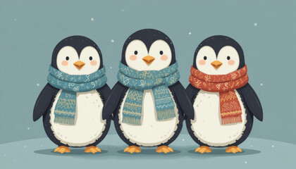Fototapeta premium Illustration of a penguin wearing a flat colored scarf on a plain background