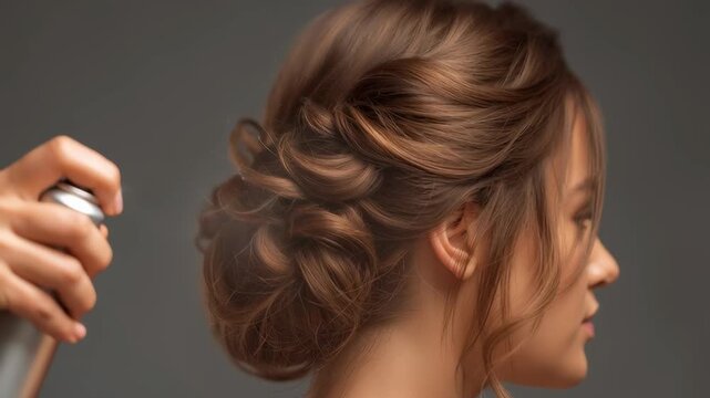Hair stylist applying hairspray to secure an elegant updo hairstyle, showcasing precision, beauty, and professional salon work