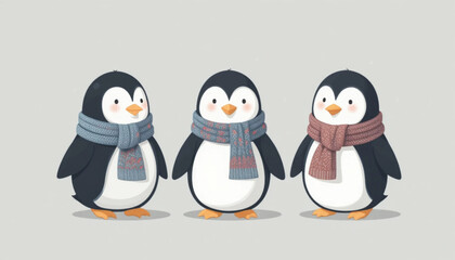 Obraz premium Illustration of a penguin wearing a flat colored scarf on a plain background 
