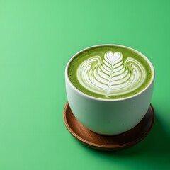 A close-up of a vibrant green matcha latte with intricate latte art in a white ceramic cup placed on a wooden saucer against a matching green background