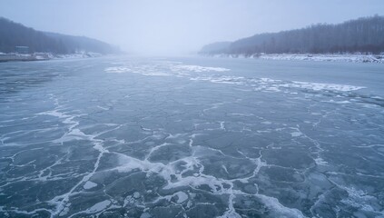 Fototapeta premium Ice floating on a river during winter, highlighting seasonal change